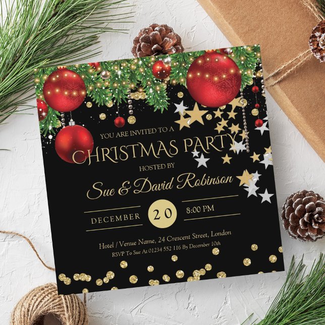 Convites Festa de Natal do Elegante Dourado Red Glitter (Elegant Gold Red Glitter Christmas Holiday Party Invitation)