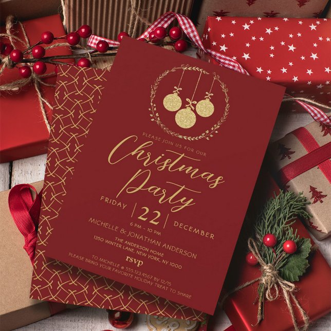 Convites Festa de Natal do Elegante Maroon Dourada Glitter  (Elegant Maroon Gold Glitter Wreath Christmas Party Invitation)