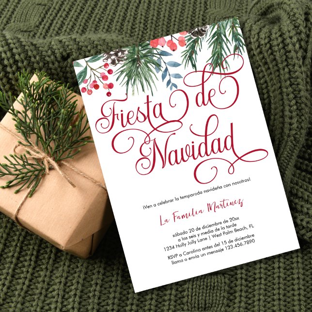 Convites Festa de Natal do Espanhol Elegante Pine Red Scrip (Criador carregado)