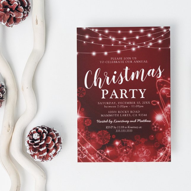 Convites Festa de Natal do Floco de Neve Vermelho Elegante (Criador carregado)