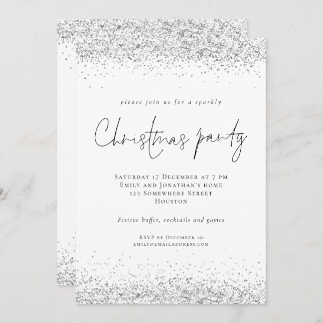 Convites Festa de Natal do Glam Silver Glitter Script (Frente/Verso)