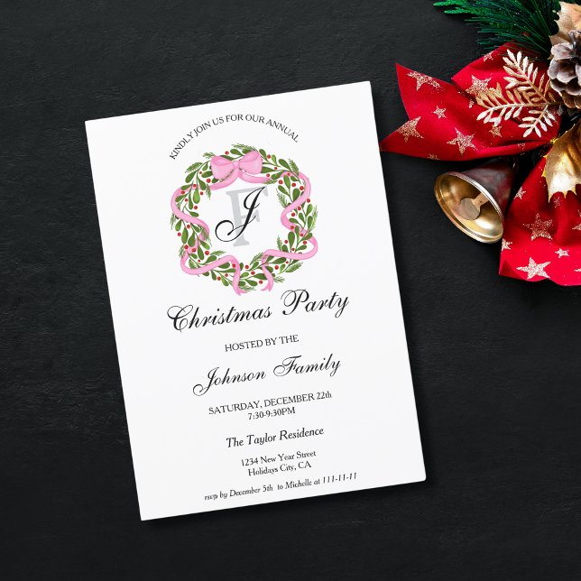 Convites Festa de Natal do Janto Monogramo Pink Ribbon Wrea (christmas wreath with pink bow ribbon)