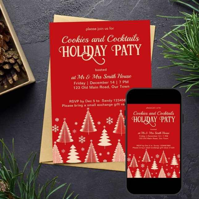 Convites Festa de Natal do meio século retro modelo (Christmas party midcentury retro red with beige trees editable template invitation digital download)