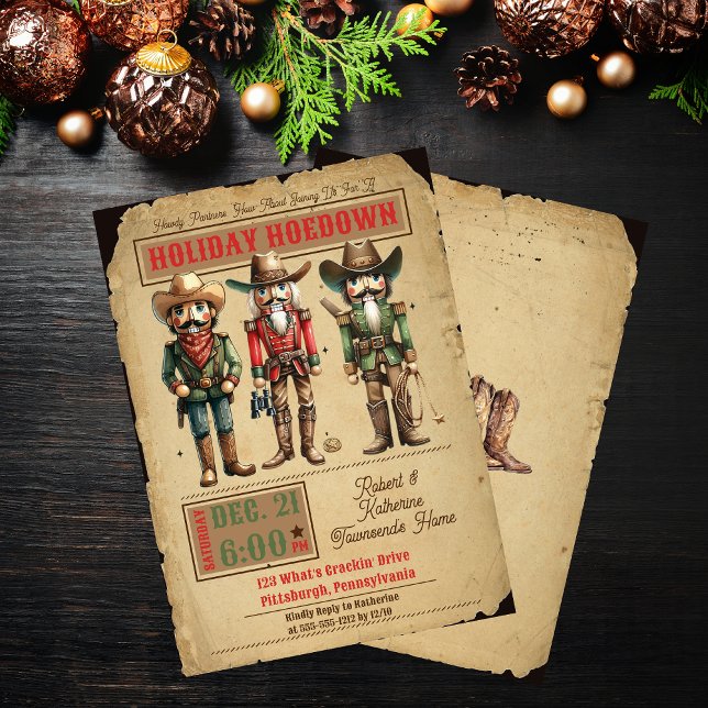 Convites Festa de Natal do Noturcracker Western Holiday (Nutcrackers Western Holiday Hoedown Rustic Christmas Party Invitation)