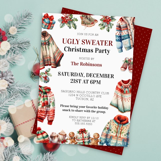 Convites Festa de Natal do Office Modern Ugly Sweater (fun ugly sweater christmas party invitations for corporate office holiday party invites)