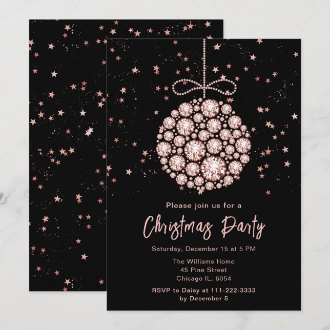 Convites Festa de Natal do Ornament Dourado Glam Rosa (Frente/Verso)