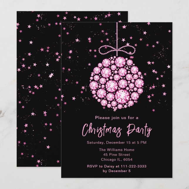 Convites Festa de Natal do Ornament Glam Pink (Frente/Verso)