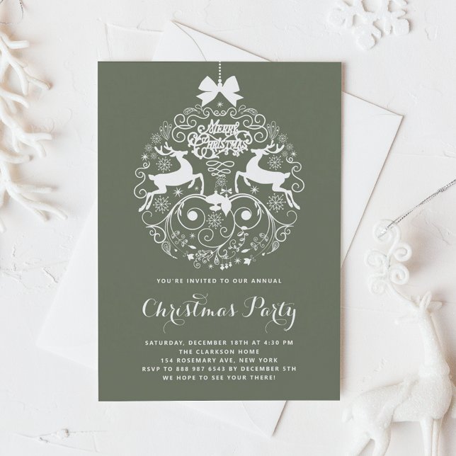 Convites Festa de Natal do Ornamento do Ornamentado Festivo (Taupe Green Festive Ornate Ornament Christmas Party Invitation)