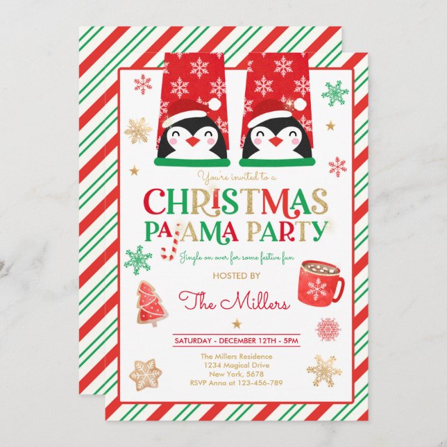 Convites Festa de Natal do Pajama Feriado Vermelho Festa Pa (Frente/Verso)