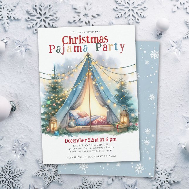 Convites Festa de Natal do Pajama Luzes de Tonalidade Aquar (christmas pajama party invitation slumber sleepover tent watercolor twinkle lights happy cute)