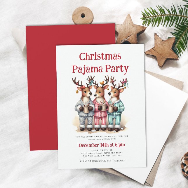 Convites Festa de Natal do Pajama Reindeer Engraçado Sleepo (christmas pajama party invitation funny reindeer hot cocoa pj sleepwear sleepover teens kids cute )