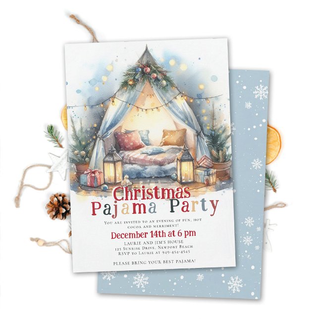Convites Festa de Natal do Pajama Tent Travesseiro Twinkle  (christmas pajama party invitation slumber sleepover tent watercolor twinkle lights happy colorful )