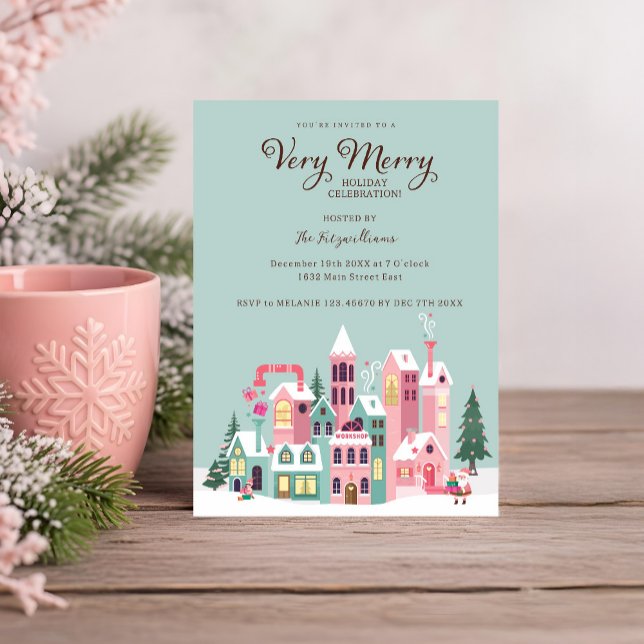 Convites Festa de Natal do Polonês do Norte Rosa Elf (Cozy North Pole Pink Elf Workshop Christmas Party Invitation)