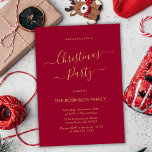 Convites Festa de Natal do Red Holiday da Caligrafia Modern<br><div class="desc">Caligrafia moderna Os Convites de festas Dourados e de Natal Vermelho são perfeitos para um evento de Natal simples. Apresenta um texto elegante do "Partido de Natal" num belo tipo de letra com letras esplêndidas e sujas em ouro, em fundo vermelho. Fácil de personalizar com seu nome e detalhes da...</div>