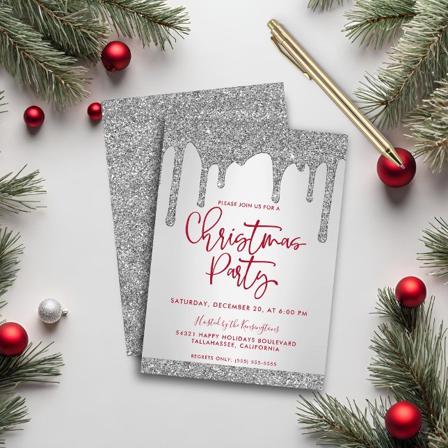 Convites Festa de Natal do Silver Glitter Drivers (Christmas Silver Glitter Drips Christmas Party Invitation)