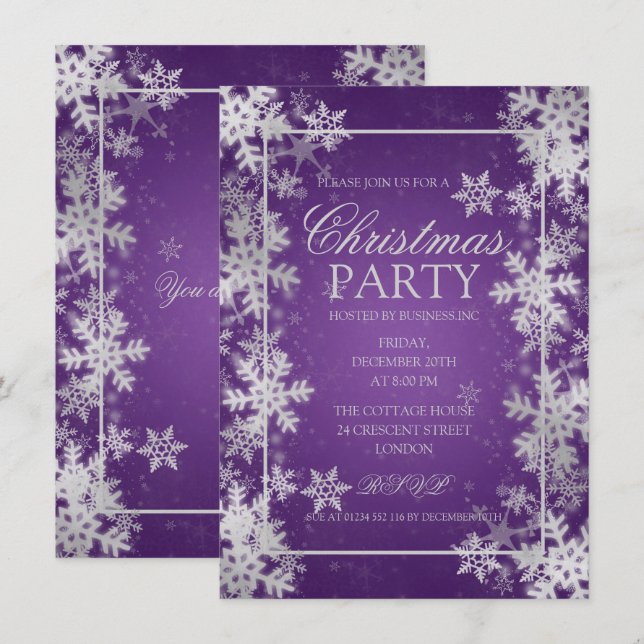 Convites Festa de Natal do Silver Purple Foil Snowflakes (Frente/Verso)