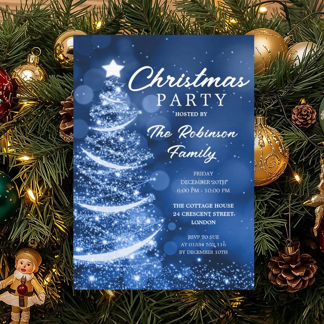 Convites Festa de Natal do Sparkle Blue Christmas (Christmas Tree Sparkle Blue Christmas Party Invitation)