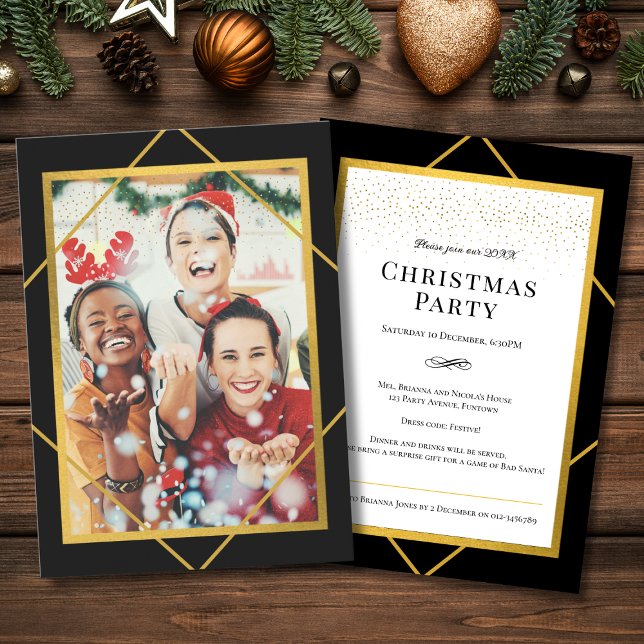 Convites Festa de Natal do Sparkle Photo (Christmas Party Invitation with sparkle elements and custom photo in gold, black and white)