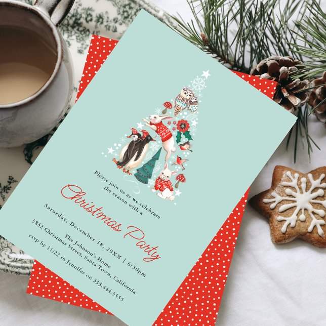 Convites Festa de Natal dos Animais Cachorros e Florestas d (Cute Animals Winter Woodland Christmas Party Invitation)