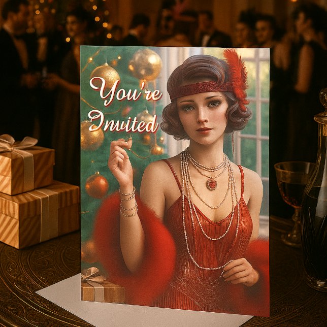 Convites Festa de Natal dos Anos 1920 Férias Flapper  (Vintage Retro Gatsby Christmas Party Invitation )