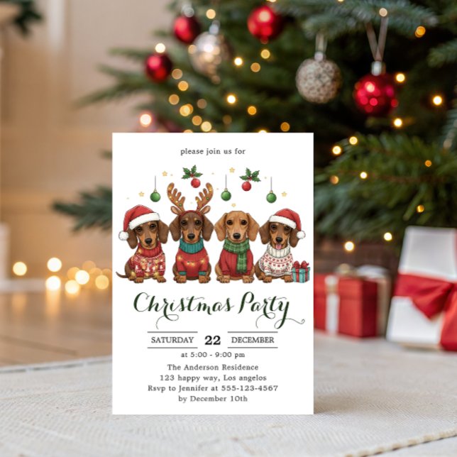 Convites Festa de Natal dos Cachorrinhos Dachshund Fofos  (Criador carregado)