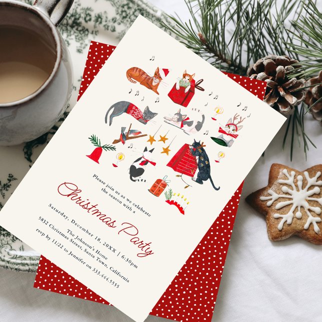Convites Festa de Natal dos Gatos Fofos de Natal  (Cute Cat Kitten Christmas Holiday Party Invitation)