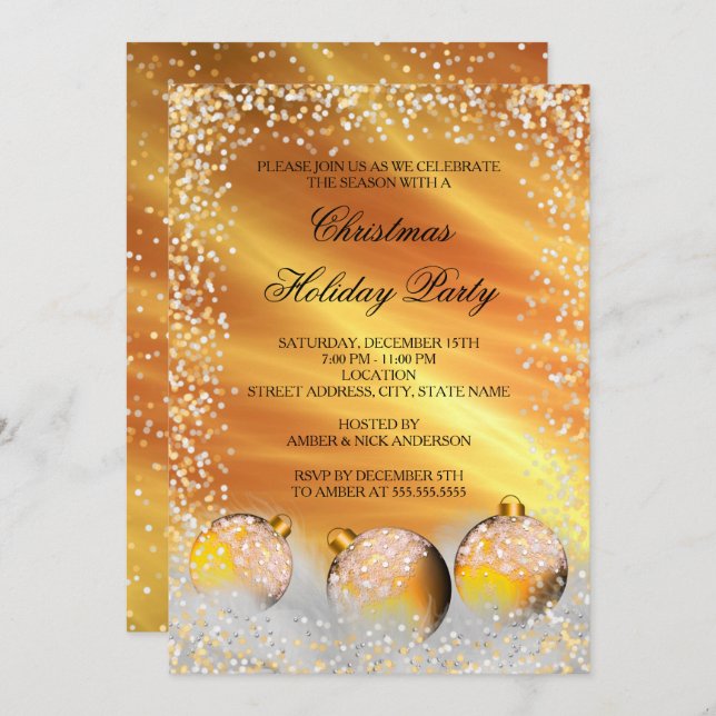 Convites Festa de Natal Dourada Amarela, Bauble (Frente/Verso)