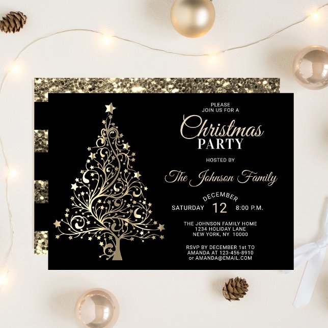 Convites FESTA DE NATAL Dourada, Árvore Luminosa Negra (CHRISTMAS PARTY Black Gold Glitter Tree Invitation)