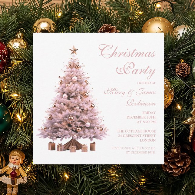 Convites Festa de Natal Dourada da Elegante Rosa (Elegant Rose Gold Christmas Tree Holiday Party Invitation)