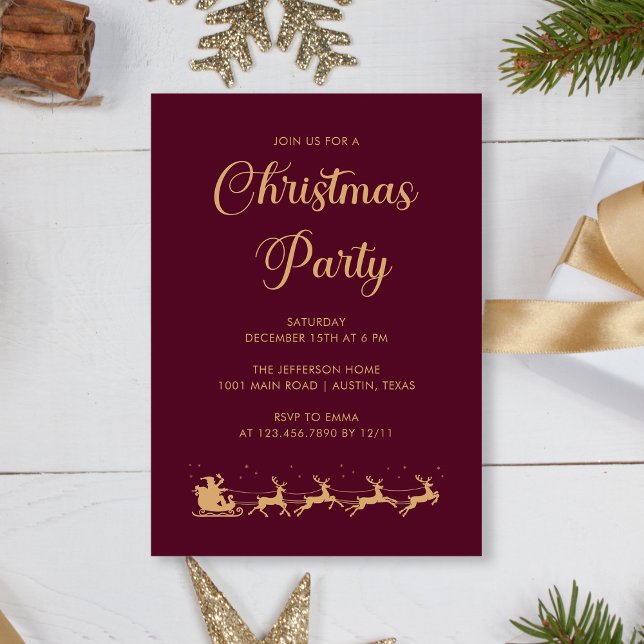 Convites Festa de Natal Dourada e Elegante da Borgonha (Personalized Elegant Gold Burgundy Christmas Party Invitation)
