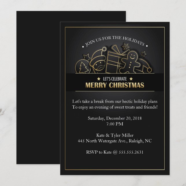 Convites Festa de Natal Dourada e Negra (Frente/Verso)