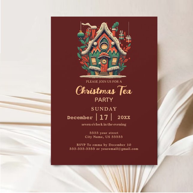 Convites Festa de Natal Dourada e Red House (Elegant Gold & Red House Christmas Tea Party Invitation)