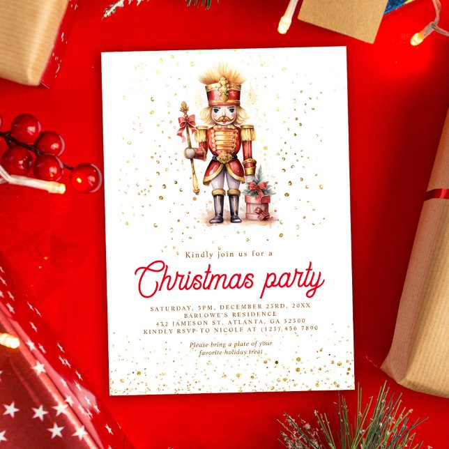 Convites Festa de Natal Dourada e Vermelha (Red Gold Nutcracker Christmas Party Invitation)