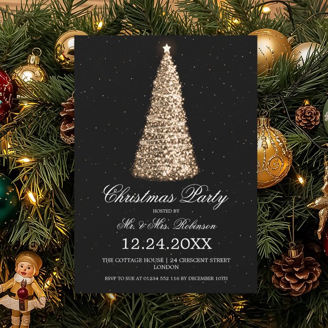 Convites Festa de Natal Dourada Elegante Preta (Elegant Gold Tree Christmas Party Black Invitation)