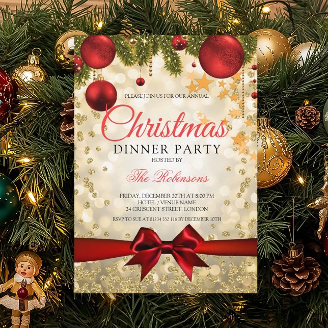 Convites Festa de Natal Dourada Vermelha (Red Gold Christmas Holiday Party Invitation)