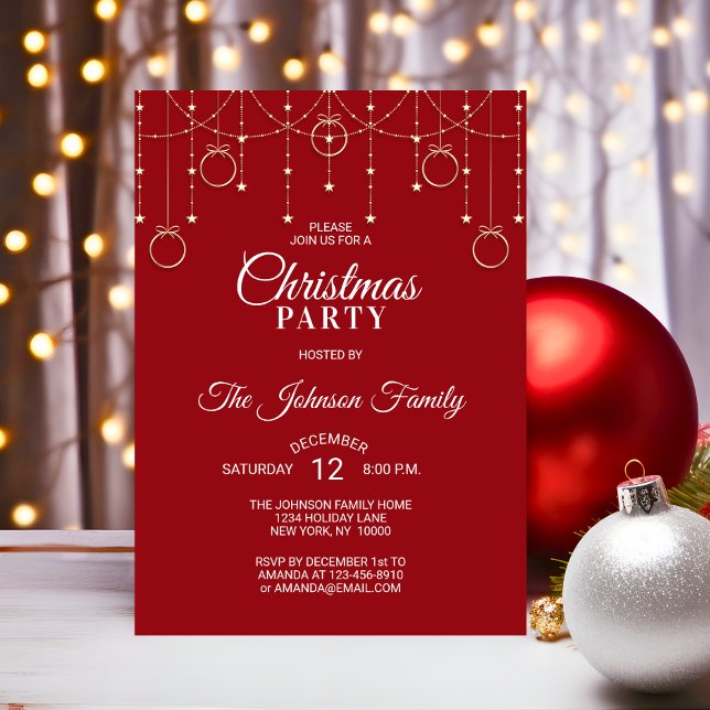 Convites FESTA DE NATAL - Douradas Gliters VERMELHAS (CHRISTMAS PARTY RED Gold Glitter Stars Invitation)