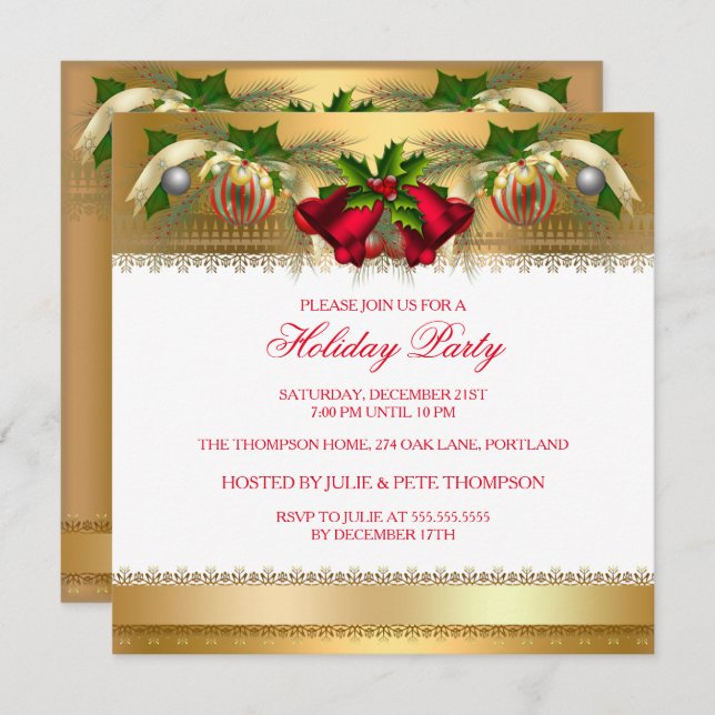Convites Festa de Natal, Dourado Red Belle (Frente/Verso)