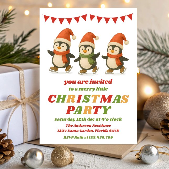 Convites Festa de Natal Editável Pinguins Retrô (Criador carregado)