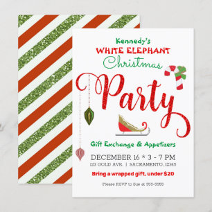 Convites Festa de Natal Elefante Branco Brilho Verde Vermel