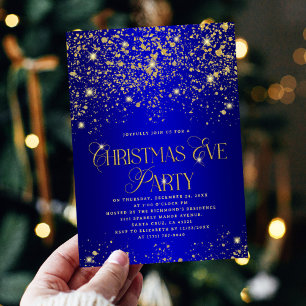 Convites Festa de Natal Elegante com Brilho Azul e Dourado