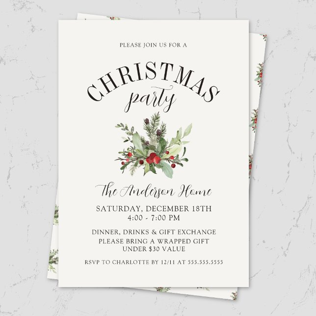 Convites Festa de Natal Elegante com Musgo Mínimo (Image of elegant, modern mistletoe Christmas party invitation with neutral festive  old money script)