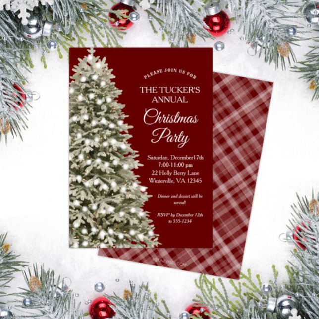 Convites Festa de Natal Elegante da Árvore Vermelha da Xadr (Elegant Christmas Tree Christmas Party Invitation with Dark Red Plaid)