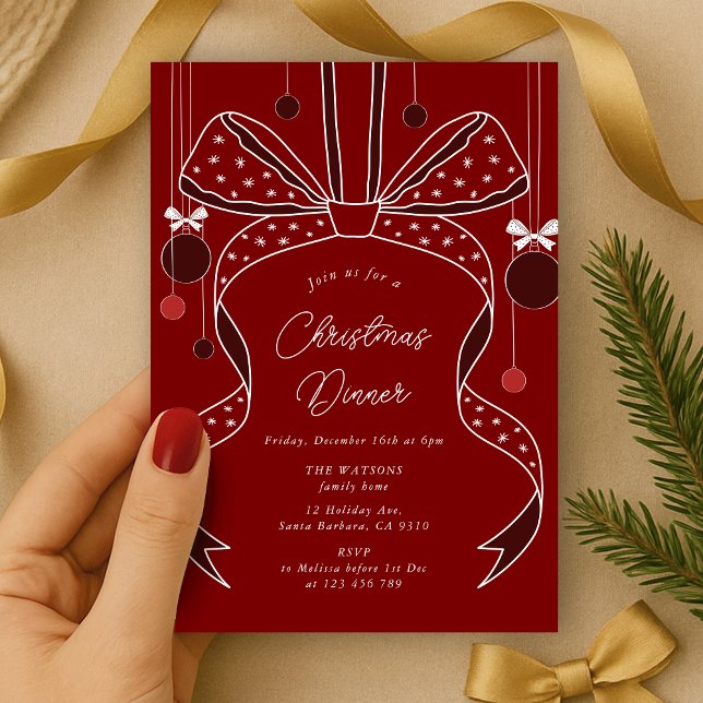 Convites Festa de Natal Elegante de Arcos e Fitas Vermelhas (elegant bow and ribbon Christmas party invitation red and white)