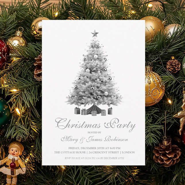Convites Festa de Natal Elegante de Árvore de Prata (Elegant Silver Christmas Tree Holiday Party Invitation)
