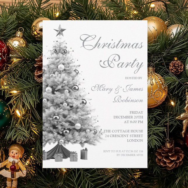 Convites Festa de Natal Elegante de Árvore de Prata (Elegant Silver Christmas Tree Holiday Party Invitation)