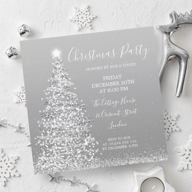 Convites Festa de Natal Elegante de Árvore Glitter (Elegant Silver Glitter Tree Christmas Party Invitation)