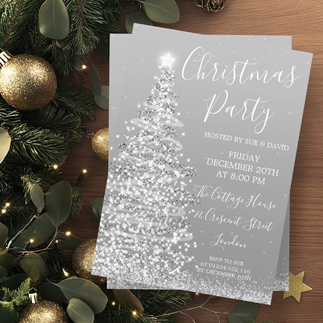 Convites Festa de Natal Elegante de Árvore Glitter (Elegant Silver Glitter Tree Christmas Party Invitation)