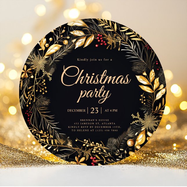 Convites Festa de Natal Elegante Dourada e na moda Black (Stylish Black Gold Elegant Christmas Holiday Party Invitation)
