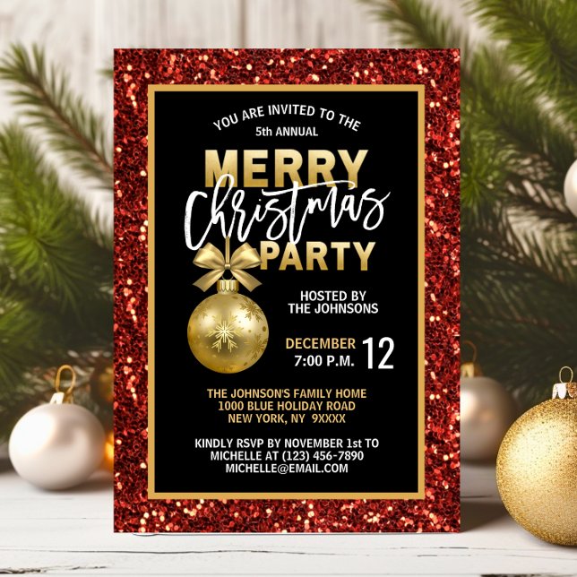 Convites FESTA DE Natal Elegante Dourada Luminosa Vermelha  (Elegant Christmas PARTY Black Gold Red Glitter Invitation)