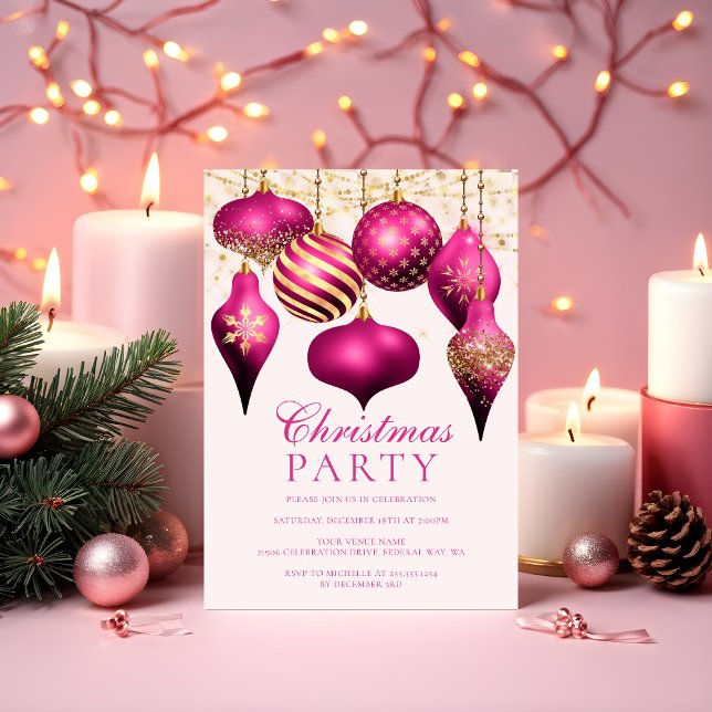 Convites Festa de Natal Elegante, Dourada Rosa Quente, (Elegant Hot Pink Gold Ornaments Christmas Party Invitation)